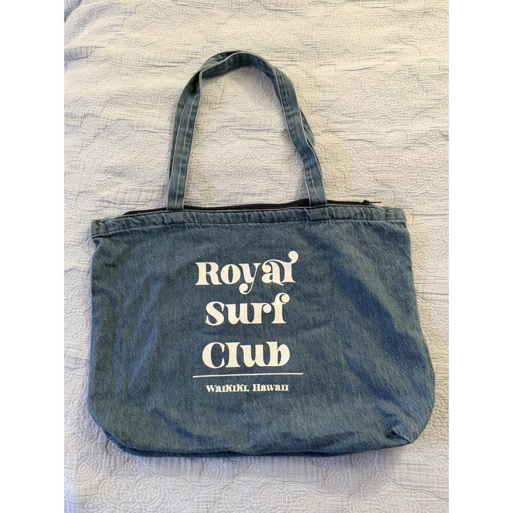 Royal Surf Club Waikiki Beach Blue Denim Tote Bag Beach Vacation Zip Hawaii